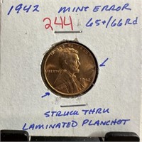 1942  WHEAT PENNY CENT STRUCK THRU LAMINATED PLANC