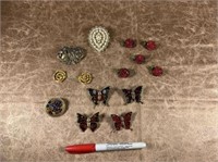 (13 PCS) ASSORTED BROOCHES & BUTTON COVERS