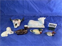 Cow Butter Dish, Lion, Ducks, Painted Cow Skull