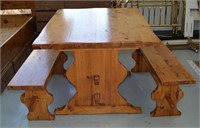 Pine Dining Table & Benches 30"h 54"l x 37.5w