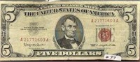 1963 $5 US RED SEAL NOTE-VG