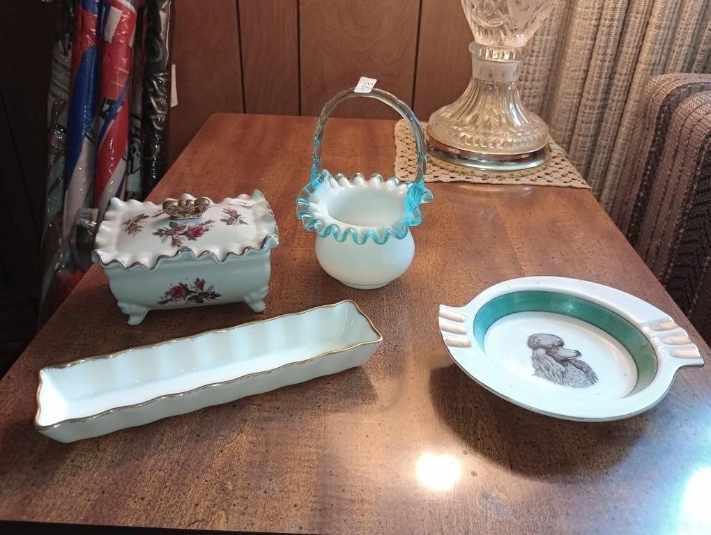 Fenton aqua crest basket with a Royal Albert tray