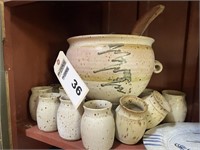 Artist signed stoneware pitcher & glass set