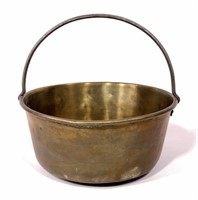 Brass jelly pan, iron handle, 13.5" dia., 6" deep