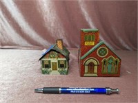 Tin Church Coin Bank; Tin House Candy Dish