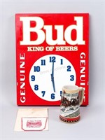 Budweiser Metal Clock, Patch & Stein