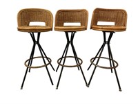 Set of three mid-century wicker stools