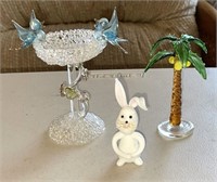 (3) Art Glass Miniatures:  Rabbit, Bluebirds