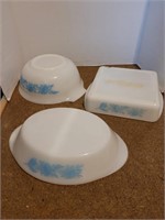 Glassbake Blue Thistle Bowl, Divided Dish, Cake