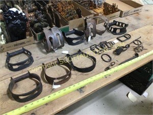 Lot vintage iron saddle stirrups and harness