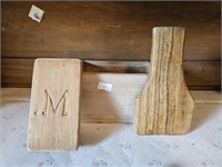 3 piece wood box, scraper and handle marked with