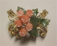 14KT Gold Filled Jade & Coral Brooch