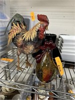 METAL ROOSTER FIGURINE & GLASS SCULPTURE