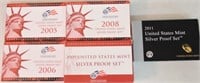 Lot of 5 silver proof sets: 2005, 2006, 2008,