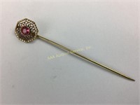 Victorian 14k gold filigree stick pin with pink