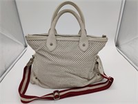 White Perforated Leather Top Handle Tote Bag