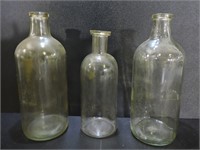3 VINTAGE ROUND CLEAR GLASS APOTHECARY BOTTLES