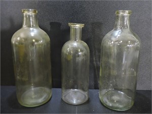 3 VINTAGE ROUND CLEAR GLASS APOTHECARY BOTTLES