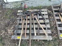 PALLET WITH AXES, SHOVELS, PRYBARS,  SLEDGE HAMMER