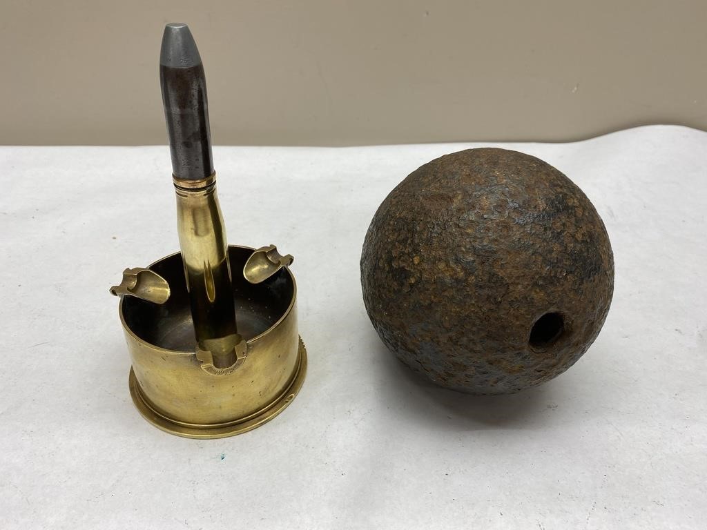 6" CANNON BALL AND TRENCH ART ASH TRAY