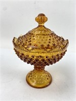 Vtg Amber Glass Hobnail Covered Candy Dish 8.5"