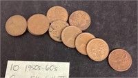 10 Canadian pennies 1950s and 1960s