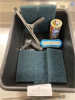 Lot of Bus Tub  W/ Cleaning supplies,.
