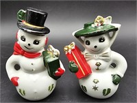 Vtg. Mr. & Mrs. Snowman Ceramic Xmas S&P Shakers