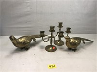 Brass Pheasant Pair & Brass Candlestick Holders