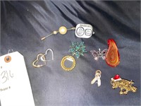 BROOCHES, VINTAGE HAT PIN, BLOWN GLASS PENDANT