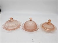 LOT OF 3 PINK DEPRESSION GLASS COVERED DISHES