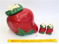 Vintage Strawberry w/bloom on lid cookie jar