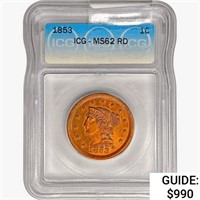 1853 Braided Hair Large Cent ICG MS62 RD