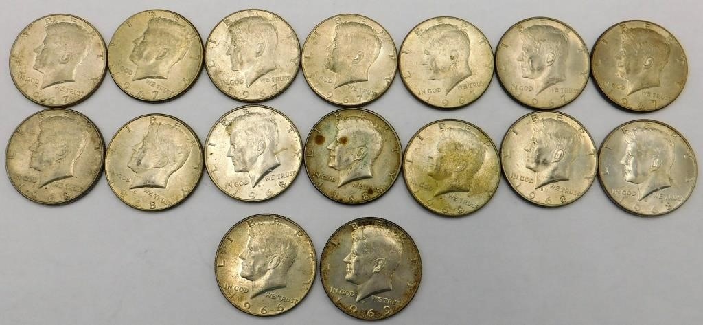 16 Kennedy Half Dollar Coins 1966-1969