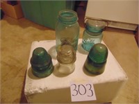 3 Glass Insulators & 2 Blue Jars