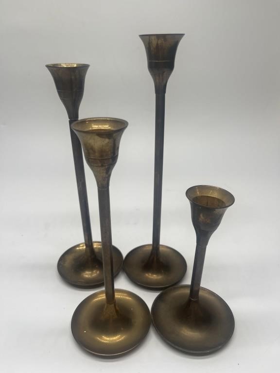 (4) Vintage Brass Stair Step Candlesticks