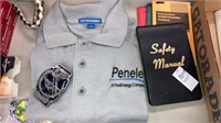 New Penelec polo sz L, belt buckle & safety books