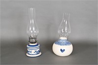 Vintage Blue & White Oil Lamp, Candle Holder