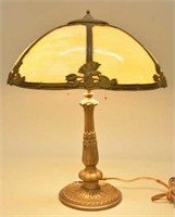 Antique Curved Slag Glass Panel Lamp w/Floral Trim