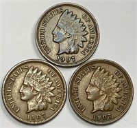 1907 Indian Head Pennies - Lot of 3