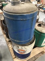 2, 5-gallon cans: Iowa Oil Co, Gulf(dented)