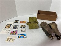 Sm Wood Box w/Stamps & Misc