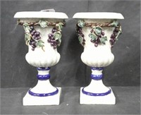 PAIR OF POTTERY URNS WITH GRAPE APPLIQUE - 17"