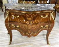 Marquetry Inlaid Marble Top Bombe Commode.