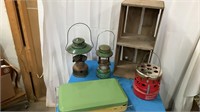 Vintage camping supplies and crate