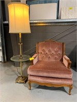 CARVED WOOD PINK UPHOLSTERED CHAIR, BRASS LAMP