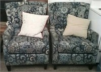 Pair Blue Floral Pattern Arm Chairs