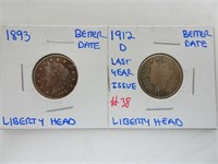 Liberty Head Coins - 1893 and 1912-D