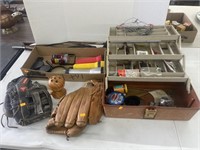 Tackle box, flashlights , baseball gloves, misc