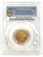 1882-CC $5 Gold Half Eagle PCGS AU Detail, Key CC